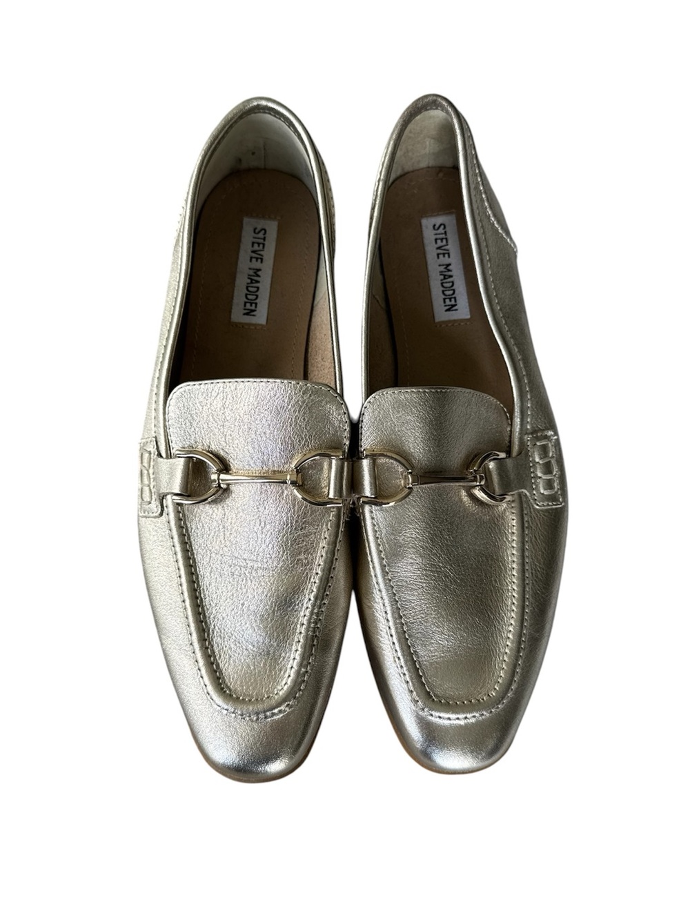 Steve Madden Carrine Metallic Gold Leather Loafers Goldtone Horsebit Buckle 9.5